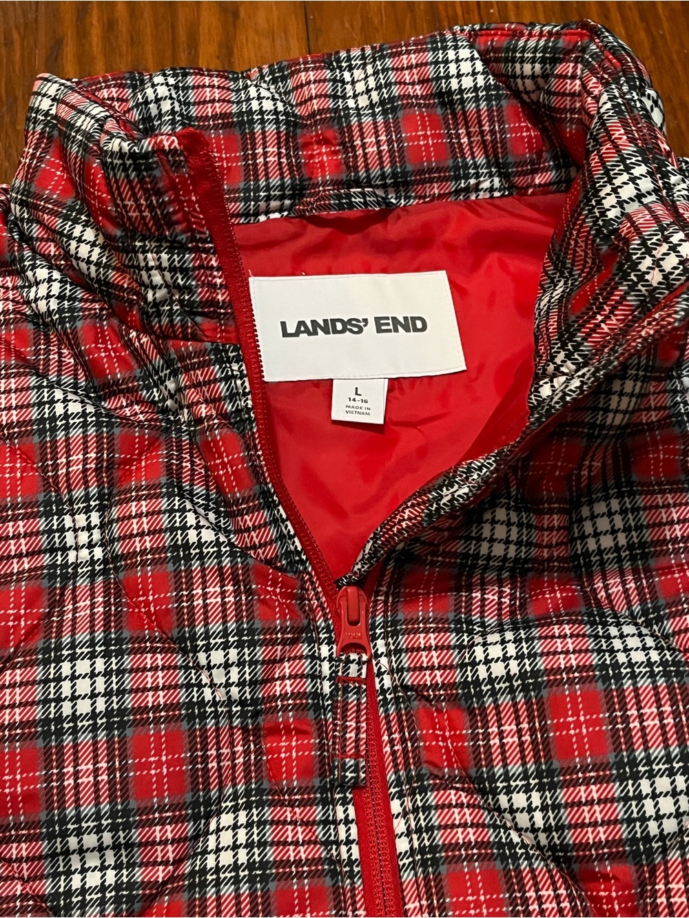 Lands' End Women’s Red and Black Plaid Zip-Up Vest Size Large Christmas Holiday